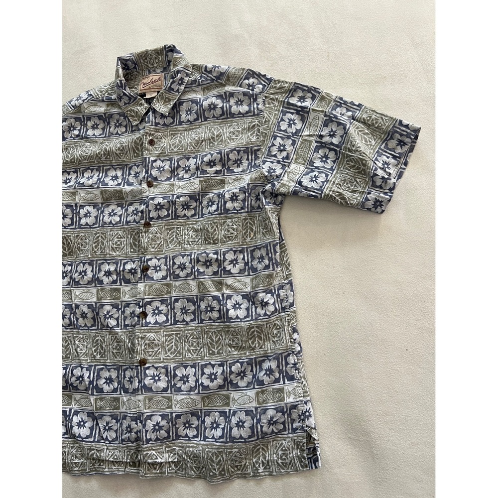 Woolrich Mens Blue Olive Cotton Block Print Floral Fish Short Sleeve Shirt M - Picture 9 of 10